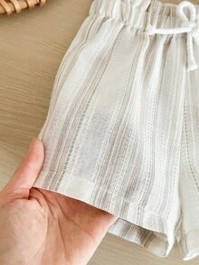 SHEIN Babygirl Vacation Casual Cute Apricot Versatile Striped Elastic Waist Shorts - Apricot - View 6