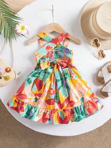 SHEIN Baby Girl Vacation Casual Cute Floral Pattern Ruffle Hem Dress Baby Girl Multicolor Princess Dress Multicolor Floral Print Dress Baby Girl Sleeveless Floral Print Casual Dress Baby Vacation Dress - Multicolor - View 2
