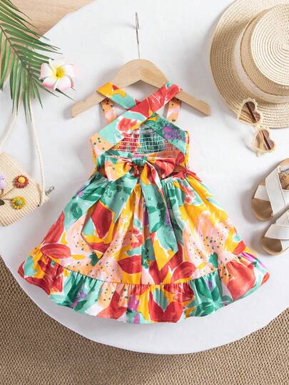SHEIN Baby Girl Vacation Casual Cute Floral Pattern Ruffle Hem Dress