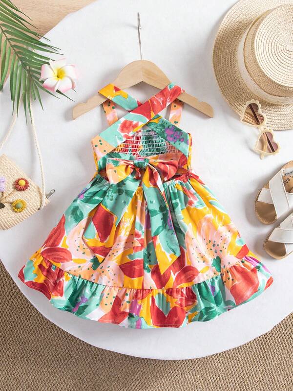 SHEIN Baby Girl Vacation Casual Cute Floral Pattern Ruffle Hem Dress