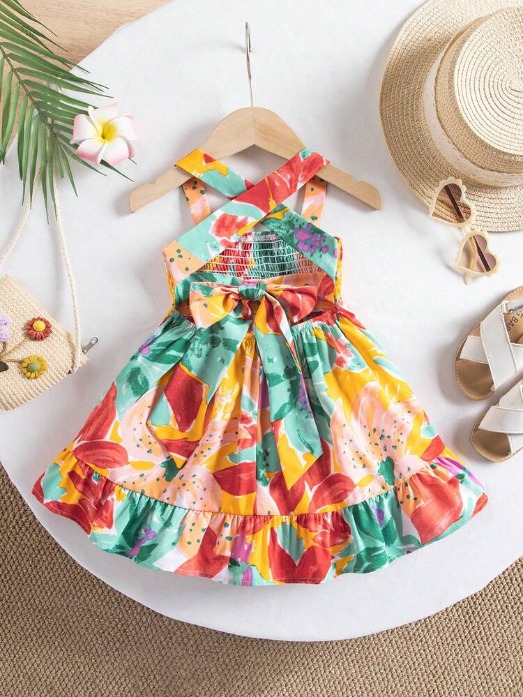 SHEIN Baby Girl Vacation Casual Cute Floral Pattern Ruffle Hem Dress - Multicolor - View 1