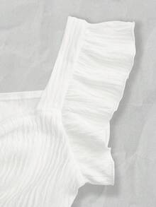 Olithes Summer Cream White Textured Ruffle Blouse, Square Collar Bow Puff Sleeve Cropped Shirt, French Sweet Ruched Hem Fitted Casual Top White Ruffle Dress White Bow Dress White Babydoll Top White Summer Vacation Dress White Dress Curve White Sundress White Babydoll Dress White Summer Dress - White - View 4