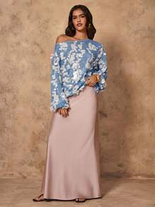 Rafferiza 女士亮片装饰不对称肩部长袖优雅衬衫 - 藍色 - 查看 6