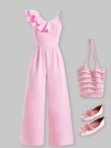 SHEIN ChillGRL Mono con volantes asimétricos en los hombros y cinturón a juego, elegante para adolescentes, apropiado para uso diario, ir al trabajo, casual, vacaciones, reuniones y estilo callejero - Rosa - Ver 1