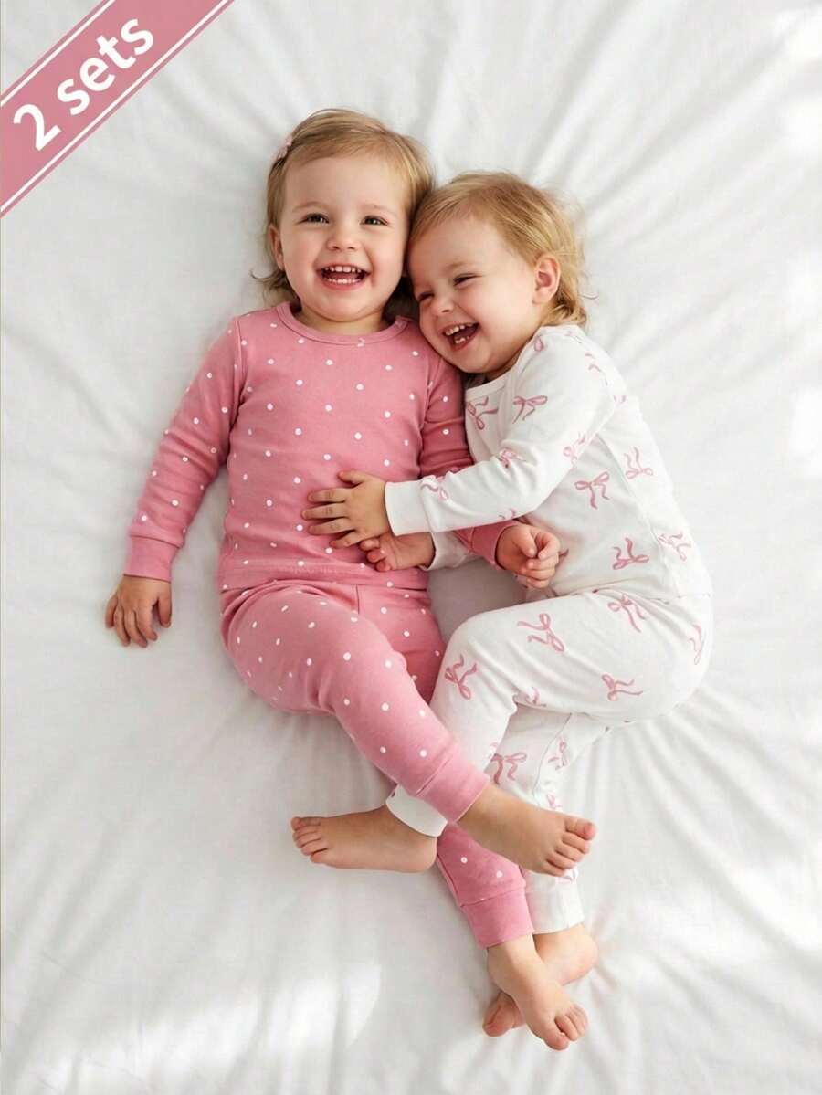 SHEIN 女婴睡衣两件套，长袖套头衫和打底裤，舒适针织面料，可爱波点蝴蝶结印花图案 - 彩色 - 查看 1