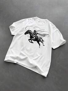 Manfinity Dauomo Camiseta de manga corta casual y holgada con cuello redondo y estampado de caballero - Blanco - Ver 1