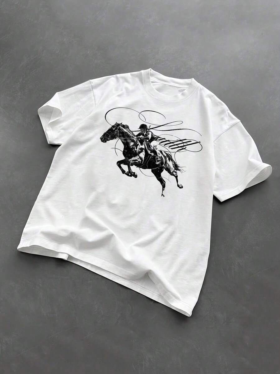 Manfinity Dauomo Camiseta de manga corta casual y holgada con cuello redondo y estampado de caballero - Blanco - Ver 1