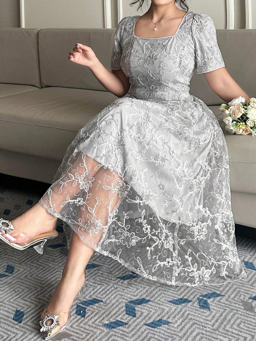 Dazy Plus 纹理面料方领派对连衣裙，收腰优雅连衣裙，春夏款 - 淺灰色 - 查看 1