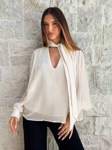 Aloruh 女士波西米亚浪漫优雅通勤雪纺深V领系带长袖衬衫，春季女装，情人节，外出上衣，优雅女式衬衫，白色上衣 - 米色 - 查看 5