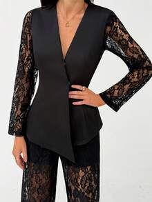 Aloruh Black Minimalist Commuting & Date Night Deep V Lace Waist Cinched Women's Suit Jacket + Wide Leg Lace Pants - Black - View 8