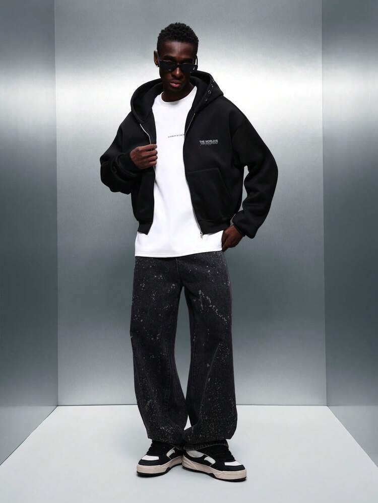 PLAYBOY X SUMWON Crop Fit Men Full Zip Hoodie With Hood Drawstring