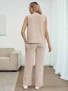Louniche 2pcs Women Casual Crossover Mock Neck Sweater Top And Straight Leg Pants Set, Fashion Versatile For Spring, Summer, Autumn - Khaki - View 2