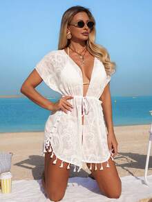 Swim Lushoire 1pc Women's Sexy Romantic Mature Beach Vacation Fashion Paisley Floral Tropical Fabric Tassel Cover Up - White - View 3