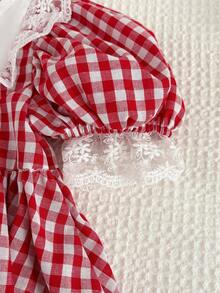 SHEIN Young Girl Young Girl Woven Plaid Round Neck Puff Sleeve Fitted Dress - Red - View 6