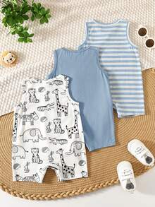 3pcs Newborn Baby Boy Cute Cartoon Striped Sleeveless Knit Romper Set, Summer