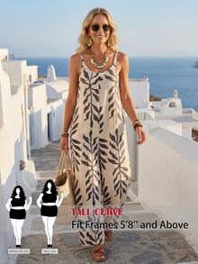 SHEIN Tall CURVE 新款加大码女式高个女孩植物印花阔腿休闲连体裤，高腰设计让您看起来更苗条，腿部更修长，适合高个女性。高腰设计让您看起来更苗条，腿部更修长，适合高个女性。适合所有季节和场合，适合高个女孩和女性，夏季阔腿裤，夏季阔腿裤，夏季服装，夏季度假服装，女士长裤，春季服装，阔腿裤，办公裤，优雅裤，休闲裤，夏季高腰显瘦阔腿裤，优雅女士礼服裤，优雅派对裤，女士优雅裤，优雅长裤，女士度假服装，女士假日服装，夏季度假服装，夏季假期服装、女士休闲裤、女士性感裤、狂欢节服装、2026年狂欢节女士造型、2026年狂欢节女士服装、狂欢节女士服饰 - 彩色 - 查看 1