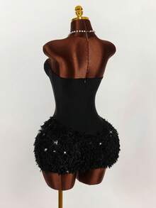 SHEIN Tall CURVE Plus Size Solid Color Sequin Patchwork Sleeveless Bodycon Dress - Black - View 7