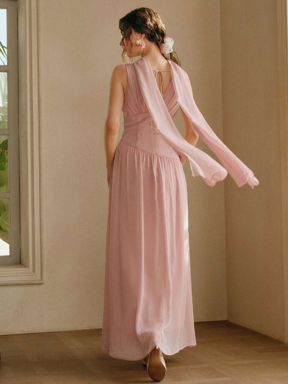 Anewsta Women's Elegant Dusty Pink V-Neck Beaded Pleated Cinched Waist Shiny Party Dress,Luxury Summer Wedding Ninang Guest Gown,Vacation Dinner Curve Dress