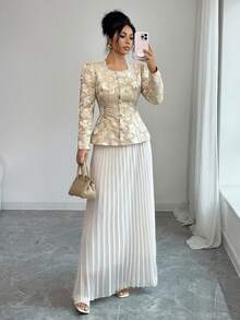 Rafferiza 2pcs Women's Elegant Shiny Metallic Lace Patchwork Pleated Set - Apricot - View 3