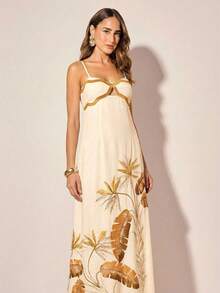 CAJUNI Đầm nữ màu đen dáng thanh lịch, họa tiết lá vàng và lá chuối, dây mảnh, thắt eo, thích hợp cho các buổi hẹn hò, đầm dạ hội sang trọng dành cho nữ. - Màu be - Xem 4