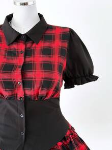 Sunspun 暗黑洛丽塔喇叭袖镂空设计上衣+格子泡泡裙套装，新款复古朋克暗黑优雅性感格子泡泡袖收腰衬衫Polo领上衣搭配松紧腰层叠蛋糕裙迷你两件套 - 彩色 - 查看 7