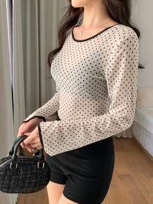 FRIFUL Women's Sheer Polka Dot Mesh Layered U-Neck Backless Slit Sleeve Slim Fit Blouse, Suitable For Spring - Beige - View 7