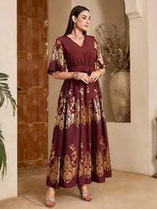 INAWLY V领收腰女士箔花印花荷叶边长连衣裙 - 酒紅色 - 查看 4