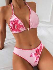 Swim Vcay Maillot de bain 2 pièces pour femmes, Top à col ras-du-cou avec nœud, imprimé floral, ensemble de natation décontracté et pour les vacances - Multicolore - Voir 3