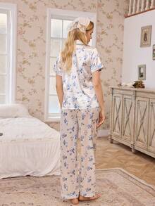 Floral Print Faux Silk Lapel Collar Women Pajama Set