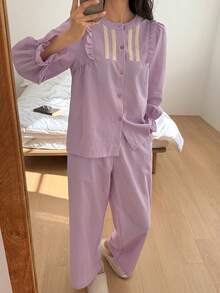 DAZY Sweet Gingham Contrast Ribbon & Ruffle Trim Women Pajama Set - Purple - View 6