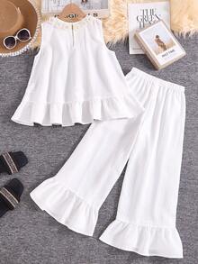 Serisse Kids Tween Girl Fashionable Elegant Round Neck Sleeveless Top And Wide Leg Pants Set - Apricot - View 10