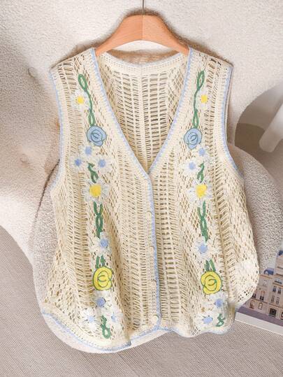 CosyJoli Plus Size Women Floral Embroidery V-Neck Contrast Trim Front Button Sleeveless Cardigan
