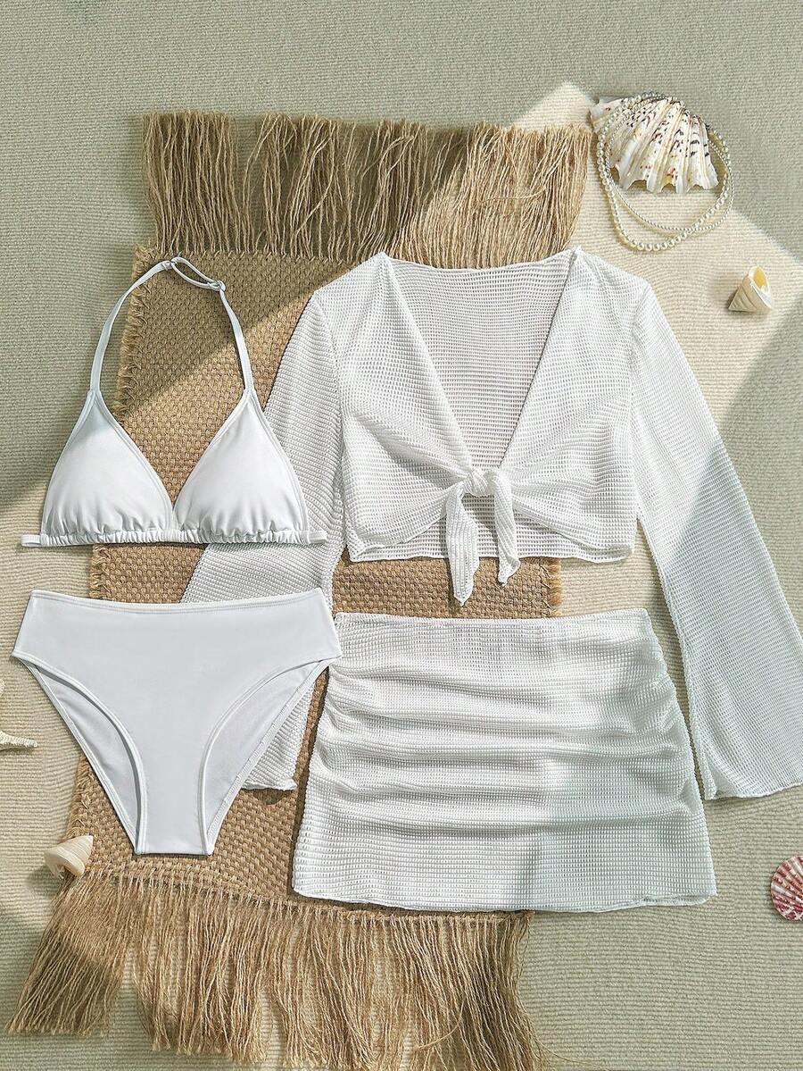 SHEIN 4-Piece Tween Girl White Swimsuit Set With Cover-Up Dress And Bikini, Suitable For Beach Vacation
