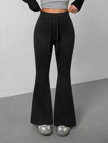 SHEIN PETITE 女士新款抽绳腰喇叭运动裤两件套，适合户外活动，黑色+深灰色两件套，多种颜色可选 - 彩色 - 查看 6