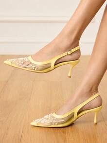 CUCCOO HITCHD 女士时尚优雅派对串珠刺绣网纱尖头高跟鞋 - 黃色 - 查看 3