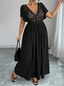 Elenzga Plus Size Women Elegant Lace Ruffle Sleeve Waist Cinched A-Line Split Maxi Dress, Suitable For Party, Wedding, Spring/Summer  Day - Black - View 1