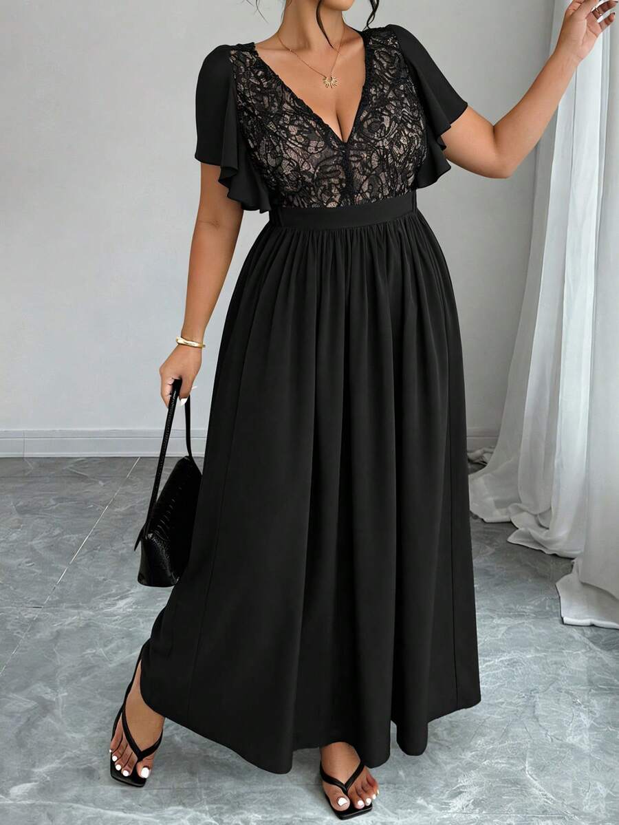 Elenzga Plus Size Women Elegant Lace Ruffle Sleeve Waist Cinched A-Line Split Maxi Dress, Suitable For Party, Wedding, Spring/Summer  Day - Black - View 1