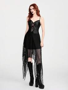 Breakform Women's Gothic Sexy Lace Patchwork PU Leather Front Lace-Up Decor Slim Fit Camisole - Black - View 7