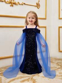 Glamorique Kids 年轻女孩优雅迷人可爱酒红色吊带露肩薄纱收腰鱼尾连衣裙，正式礼服 - 藏蓝色 - 查看 2