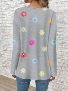 EMERY ROSE 大码女式V领碎花休闲宽松长袖T恤 - 灰色 - 查看 2