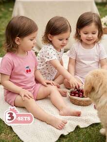 SHEIN Vintaside Kids 6件套女婴新生儿幼儿0-3岁春夏新款可爱兔子纯色条纹T恤短裤套装 - 粉色 - 查看 7