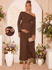Loomaby 2pcs Maternity Elegant Party Solid Color Asymmetric Neck Top And Skirt Set Dress Gender Reveal Dress Maternity Dress Baby Shower Dress Brown Maternity Dress Long Brown Dress Pregnancy Dress For Photoshoot Chocolate Brown Dress Dress For Pregnant Woman - Coffee Brown - View 1