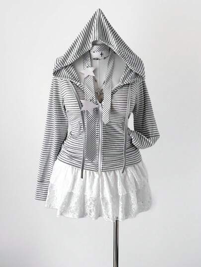 Sunspun Plus Size Women's New Vintage Casual College Style Striped Long Sleeve Hooded Lightweight Jacket, Outerwear, Tops, Y2K Back To School, Office Lady Fashion, Suitable For Spring, Autumn, Winter