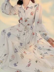 DAZY Đầm midi nữ thanh lịch tay phồng họa tiết hoa, có thắt lưng, thích hợp cho dự tiệc cưới mùa xuân/hè. - Màu be - Xem 9