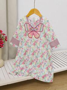 女婴宽松休闲简约长袖图案长裙/长袍 - 彩色 - 查看 4