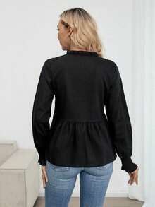 Louniche 女士休闲百搭显瘦纯色亚麻深V泡泡袖长袖衬衫，春秋季 - 黑色 - 查看 2