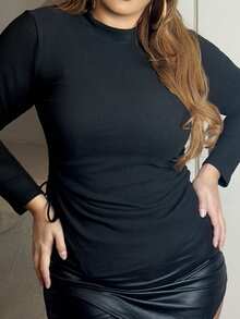 MelDlgn 大码立领侧抽绳长袖T恤，保暖内衬，休闲百搭，适合秋冬季穿着 - 黑色 - 查看 4