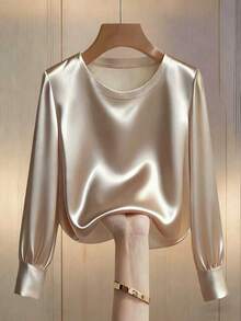 Franclia 1 chiếc áo nữ thanh lịch, màu trơn, cổ tròn, tay raglan, thích hợp đi làm - Rượu sâm banh - Xem 1