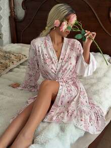 SHEIN Floral Print Ruffle Trim Tie Waist 3/4 Sleeve Women Sleepwear Robe