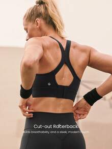 GLOWMODE FeatherFit™-Sculpt 强韧训练弹力支撑后背交叉镂空运动文胸，中等强度训练跑步健身日常运动服，可拆卸胸垫。 - 黑色 - 查看 4